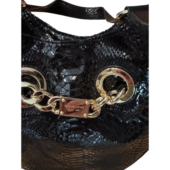 Michael Kors Snakeskin Patent Leather Shoulder Bag Black Gold Chain Glam595 - Picture 7 of 8